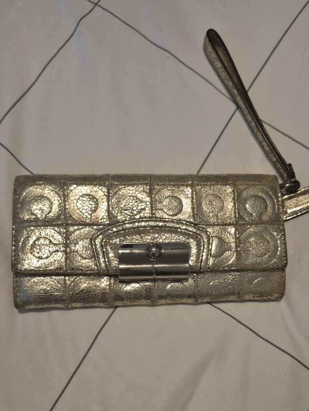 Authentic Coach Metallic Silver/ Gold Signature Leather Wristlet